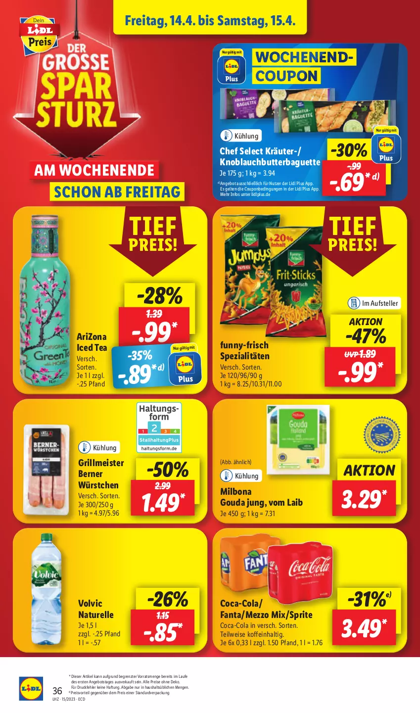 Aktueller Prospekt Lidl - Aktionsprospekt - von 11.04 bis 15.04.2023 - strona 42 - produkty: angebot, baguette, Bona, butter, coca-cola, cola, coupon, drucker, eis, elle, Engel, fanta, funny-frisch, gouda, gouda jung, grill, kerze, knoblauch, Knoblauchbutter, kräuter, Meister, Mezzo Mix, Milbona, natur, papier, preisvorteil, reis, rel, Spezi, sprite, teller, Ti, volvic, würstchen, ZTE