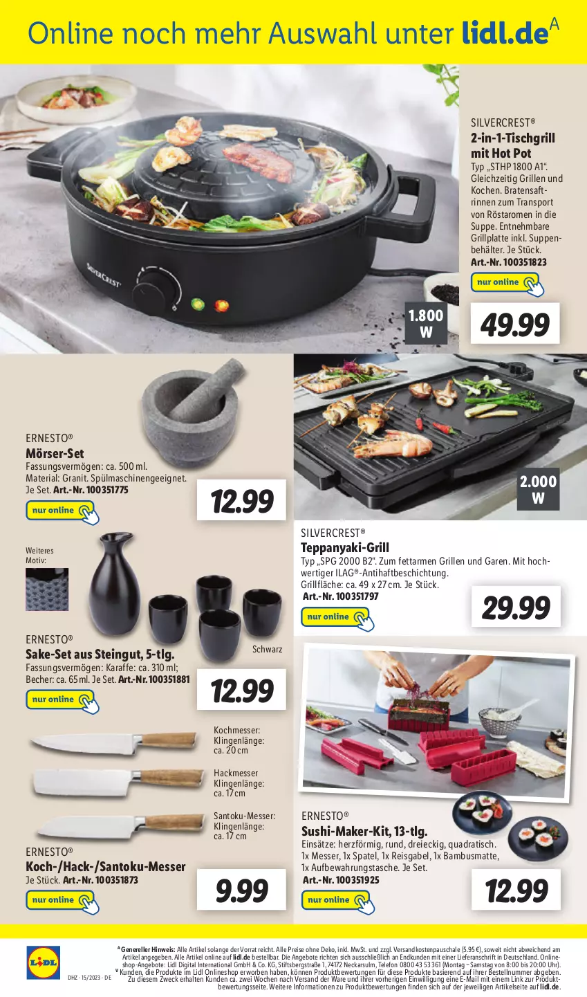 Aktueller Prospekt Lidl - Aktionsprospekt - von 11.04 bis 15.04.2023 - strona 46 - produkty: angebot, angebote, aufbewahrungstasche, bambus, Becher, Behälter, braten, eis, elle, ernesto, gabel, grill, grillfläche, grillplatte, HP, ilag, Karaffe, latte, LG, messer, ndk, quad, reis, rel, Ria, saft, Schal, Schale, silvercrest, Sport, spülmaschinen, suppe, suppen, Sushi, Tasche, telefon, Ti, tisch, tischgrill, uhr, weck