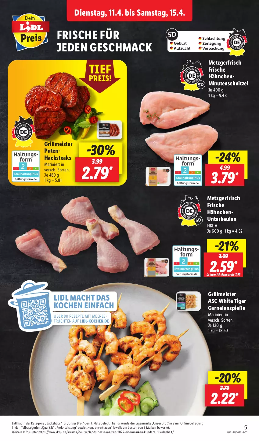 Aktueller Prospekt Lidl - Aktionsprospekt - von 11.04 bis 15.04.2023 - strona 5 - produkty: aktionspreis, brot, eis, Frische Hähnchen, früchte, früchten, garnelen, grill, mac, meeresfrüchte, Meister, minutenschnitzel, pute, Putenhacksteak, reis, rezept, rezepte, schnitzel, steak, steaks, Ti, ZTE