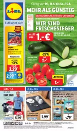 Gazetka promocyjna Lidl - Aktionsprospekt - Gazetka - ważna od 15.04 do 15.04.2023 - strona 1 - produkty: Abtei, angebot, angebote, Bad, bio, coupon, discount, eis, ente, frucht, geschirr, magazin, obst, Obst und Gemüse, Ofen, pizza, reis, Romatomaten, shirt, shirts, steinofen, steinofen pizza, T-Shirt, Ti, tomate, tomaten, und gemüse, wagner, zucchini, zucker