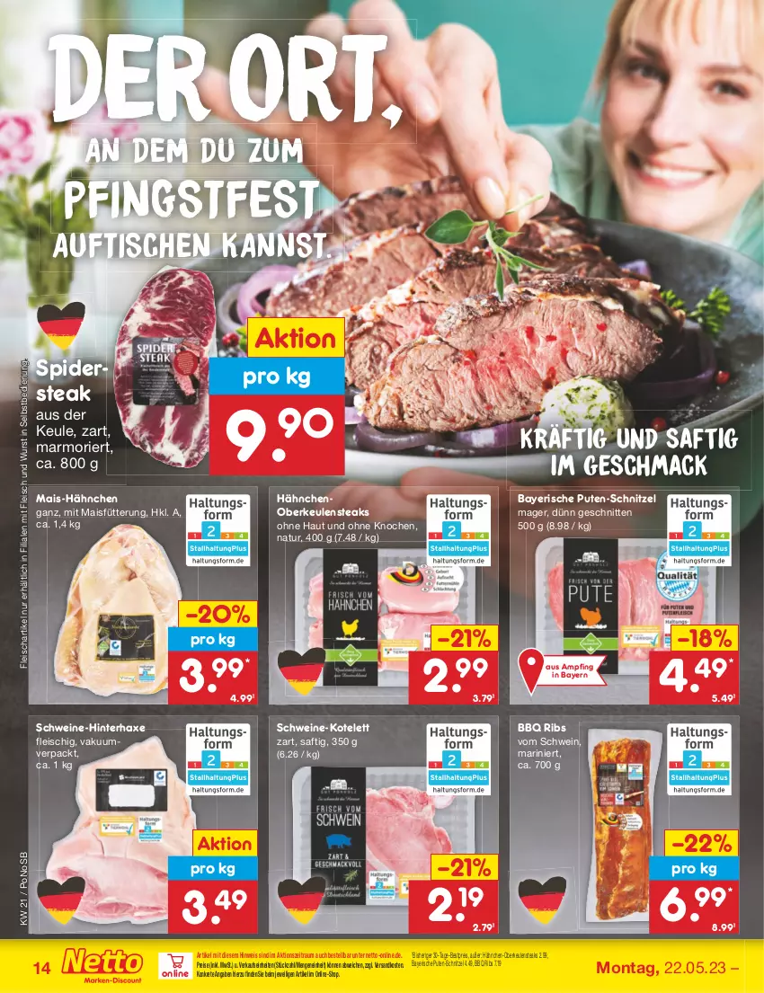 Aktueller Prospekt Netto Marken-Discount - Filial-Angebote - von 22.05 bis 27.05.2023 - strona 14 - produkty: axe, bestpreis, eis, fleisch, Hähnchen-Oberkeulen, Haxe, kotelett, mac, mais, natur, ndk, pute, reis, saft, schnitten, schnitzel, schwein, schweine, steak, steaks, Ti, tisch, wein, weine, wurst, wurst in selbstbedienung