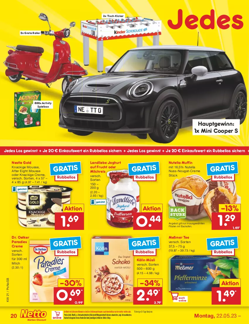 Aktueller Prospekt Netto Marken-Discount - Filial-Angebote - von 22.05 bis 27.05.2023 - strona 20 - produkty: after eight, angebot, backofen, bestpreis, creme, Dr. Oetker, eis, frucht, joghur, joghurt, Knackige Mousse, kölln, landliebe, landliebe joghurt, Meßmer, milch, milchreis, mousse, Muffin, müsli, ndk, nuss, nuss-nougat-creme, nutella, Ofen, Paradies Creme, reis, Roller, stube, tee, Ti, tisch