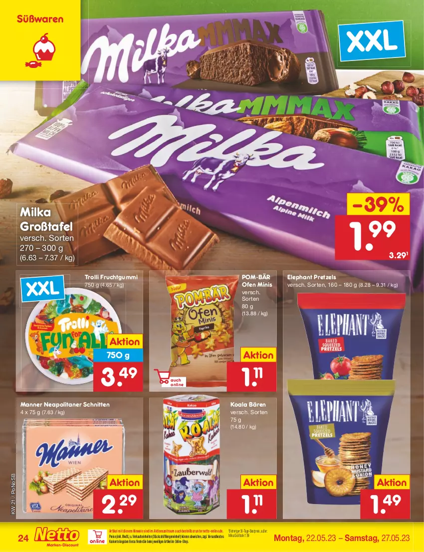 Aktueller Prospekt Netto Marken-Discount - Filial-Angebote - von 22.05 bis 27.05.2023 - strona 24 - produkty: bestpreis, eis, frucht, fruchtgummi, Manner, milka, ndk, Ofen, pom-bär, Pretzel, reis, schnitten, Ti, trolli, trolli fruchtgummi