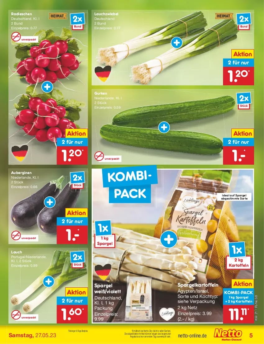 Aktueller Prospekt Netto Marken-Discount - Filial-Angebote - von 22.05 bis 27.05.2023 - strona 5 - produkty: angebot, asti, aubergine, auberginen, bestpreis, eis, gin, gurke, gurken, kartoffel, kartoffeln, Lauchzwiebel, radieschen, reis, spargel, Ti, ZTE, zwiebel