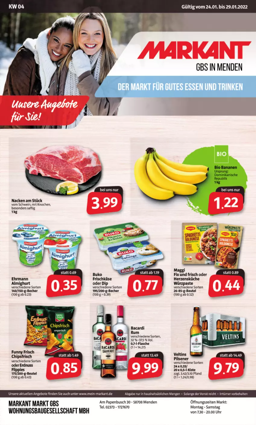 Aktueller Prospekt Markant - Prospekte - von 24.01 bis 29.01.2022 - strona 1 - produkty: almighur, almighurt, angebot, angebote, Bau, Becher, beutel, Buko, elle, flasche, frischkäse, Käse, küche, maggi, rum, saft, schwein, Ti, uhr, veltins, wein