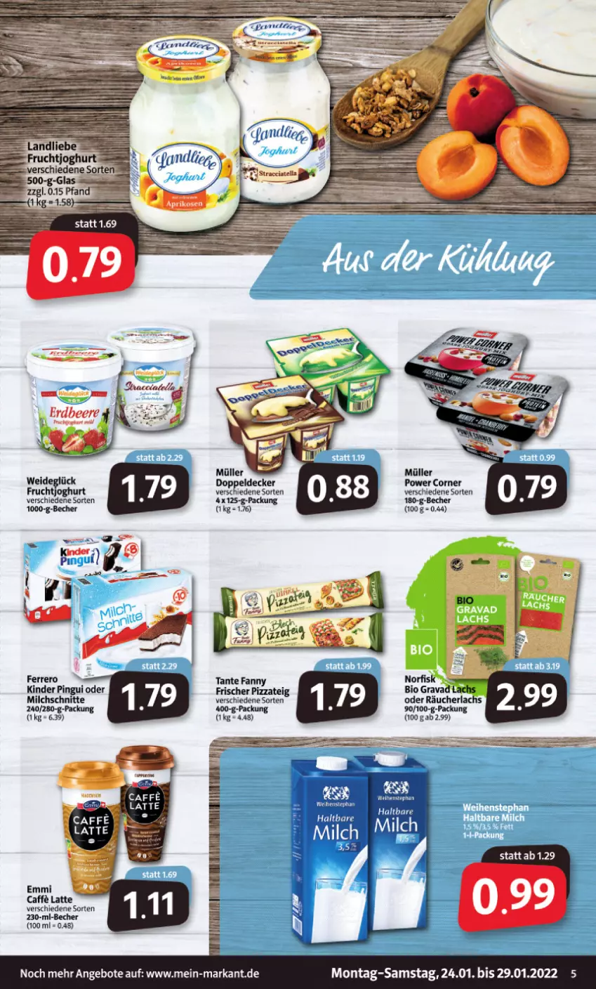 Aktueller Prospekt Markant - Prospekte - von 24.01 bis 29.01.2022 - strona 5 - produkty: angebot, angebote, Becher, beere, bio, decke, emmi, erdbeere, ferrero, frucht, fruchtjoghurt, joghur, joghurt, Kinder, kinder pingui, lachs, latte, milch, Milchschnitte, Müller, pingui, pizza, Pizzateig, Räucherlachs, tante fanny, Ti, weihenstephan