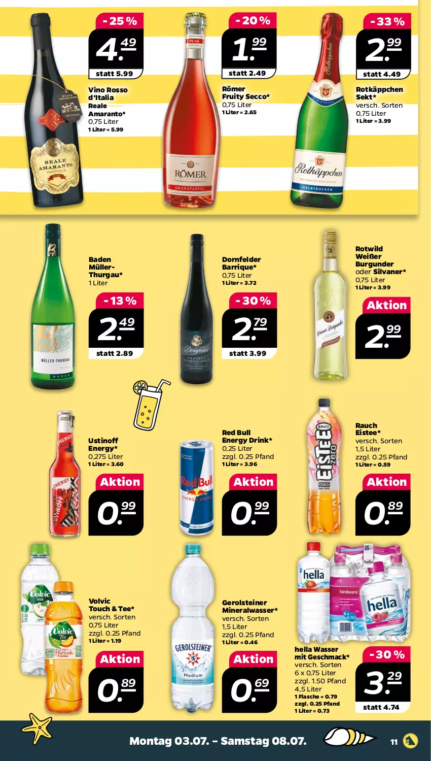 Aktueller Prospekt Netto - Woche 27 - von 03.07 bis 08.07.2023 - strona 11 - produkty: Alwa, Bad, burgunder, dornfelder, drink, ecco, eis, eistee, energy drink, flasche, gerolsteine, gerolsteiner, hella, mac, mineralwasser, Müller, Rauch, red bull, rotkäppchen, sekt, silvaner, steiner, tee, Ti, volvic, wasser, Wild