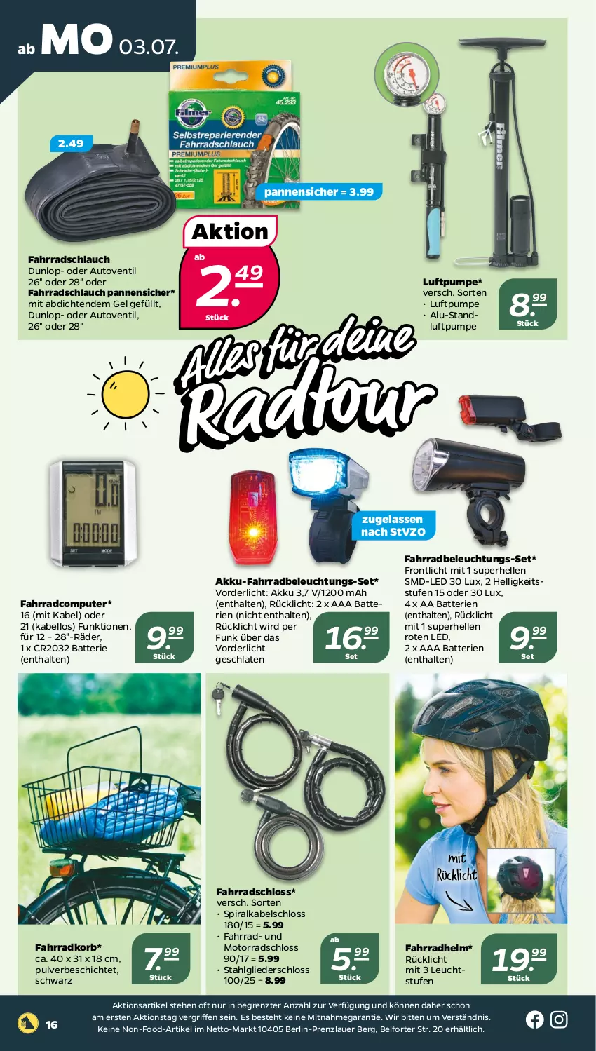 Aktueller Prospekt Netto - Woche 27 - von 03.07 bis 08.07.2023 - strona 16 - produkty: akku, auer, auto, batterie, batterien, beleuchtung, computer, dunlop, elle, Fahrrad, fahrradhelm, Fahrradschloss, korb, LG, pute, rücklicht, schlauch, Ti, ZTE