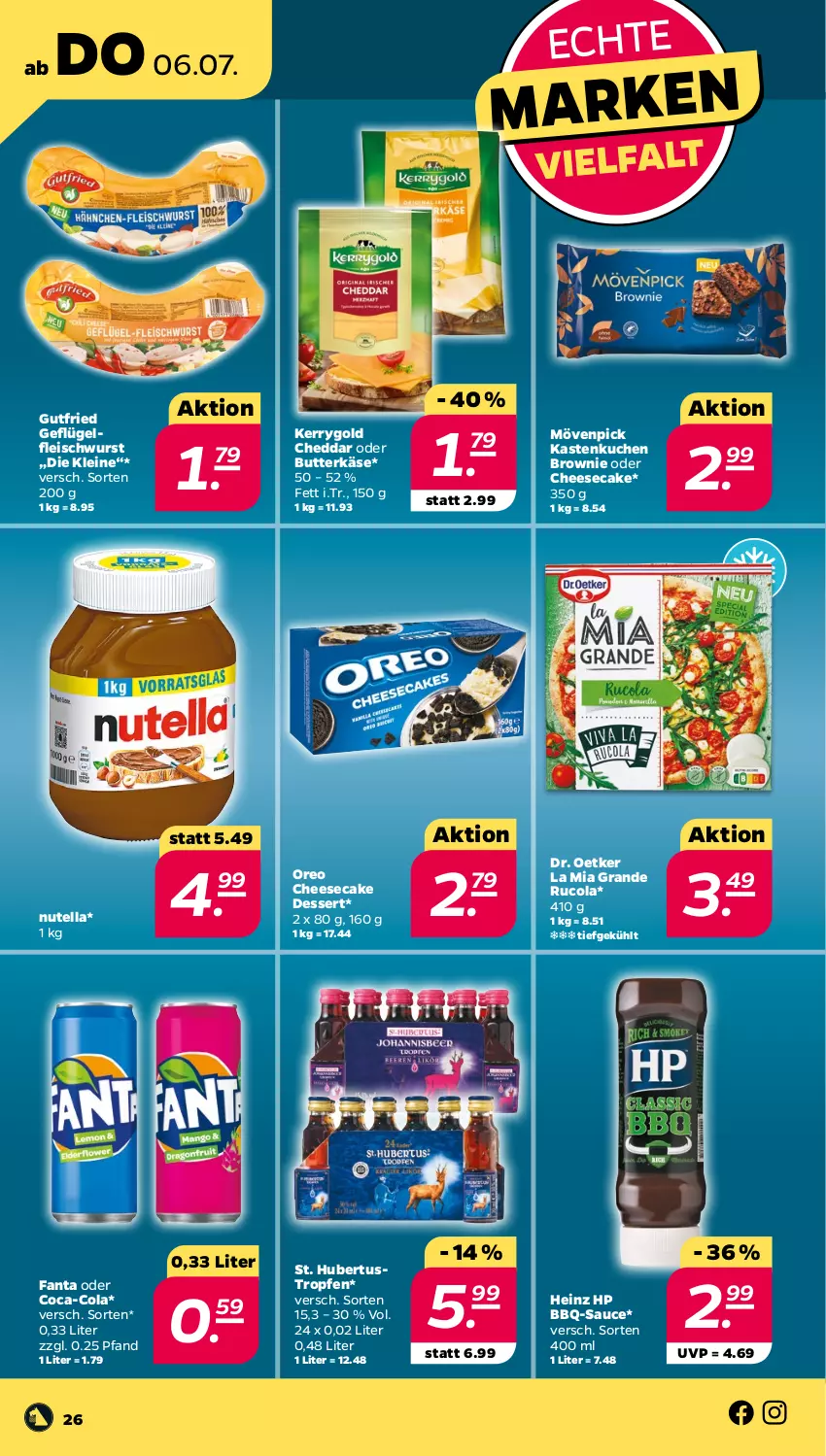 Aktueller Prospekt Netto - Woche 27 - von 03.07 bis 08.07.2023 - strona 26 - produkty: bbq-sauce, brownie, butter, butterkäse, cheddar, cheesecake, coca-cola, cola, dessert, Dr. Oetker, eis, fanta, fanta oder, fleisch, fleischwurst, Geflügel, gutfried, heinz, HP, Käse, Kastenkuchen, kerrygold, kuchen, leine, mövenpick, nutella, oreo, rucola, sauce, Ti, wurst