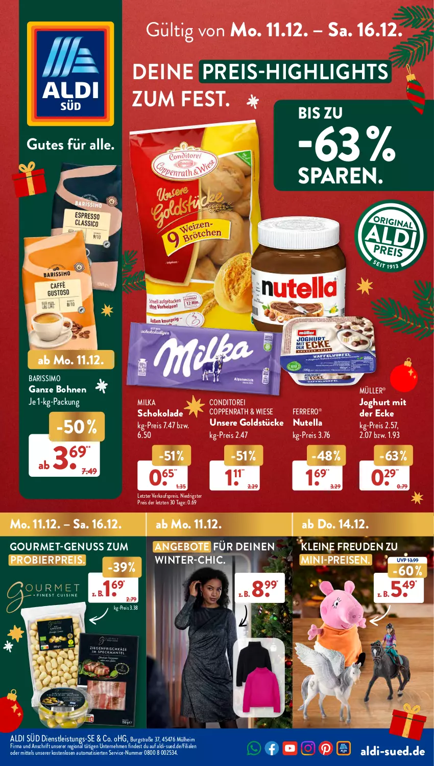 Aktueller Prospekt AldiSud - NÄCHSTE WOCHE - von 11.12 bis 16.12.2023 - strona 1 - produkty: aldi, angebot, angebote, auto, bier, bohne, bohnen, coppenrath, eis, ferrero, Goldstücke, joghur, joghurt, joghurt mit der ecke, leine, milka, Müller, nuss, nutella, reis, schoko, schokolade, sim, Ti, ZTE