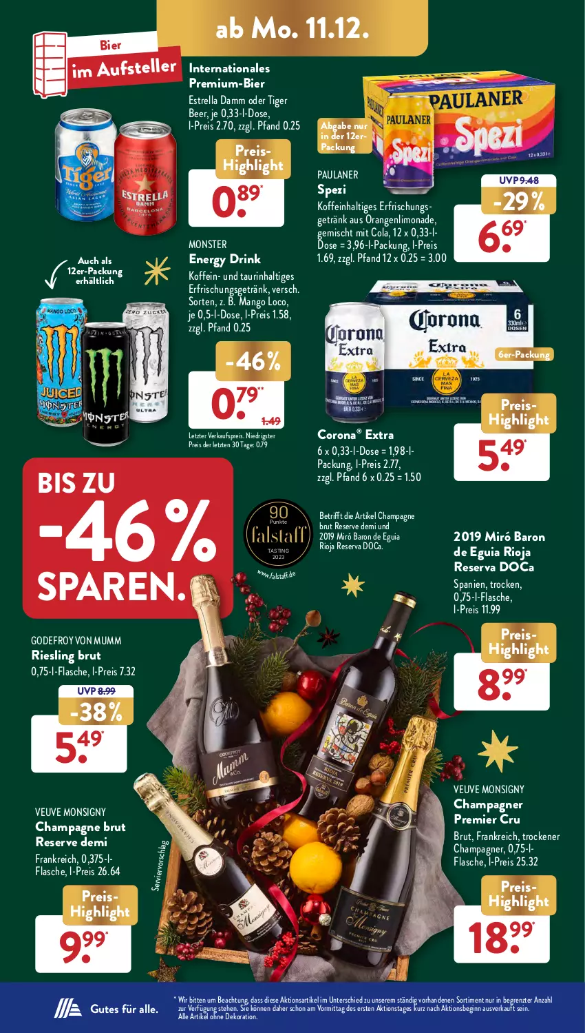 Aktueller Prospekt AldiSud - NÄCHSTE WOCHE - von 11.12 bis 16.12.2023 - strona 14 - produkty: alle artikel ohne dekoration, asti, bier, brut, champagne, champagner, cola, corona, dekoration, drink, eis, elle, energy drink, erfrischungsgetränk, Estrella Damm, flasche, getränk, gin, limo, limonade, mango, monster, Monster Energy, mumm, orange, orangen, Paula, paulaner, reis, rel, riesling, rioja, Spezi, teller, Ti, ZTE