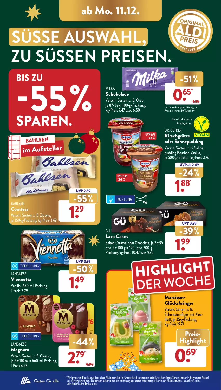 Aktueller Prospekt AldiSud - NÄCHSTE WOCHE - von 11.12 bis 16.12.2023 - strona 22 - produkty: alle artikel ohne dekoration, bahlsen, Becher, bourbon, caramel, cola, comtess, dekoration, Dr. Oetker, eis, elle, gin, grütze, kirsch, Kirschgrütze, langnese, magnum, marzipan, milka, oreo, pudding, reis, ring, sahne, schoko, schokolade, Schornsteinfeger, teller, Ti, vanille, viennetta, zitrone, ZTE