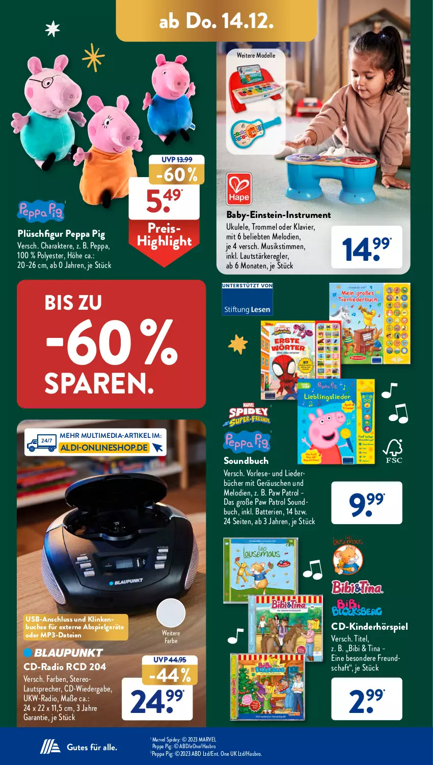 Aktueller Prospekt AldiSud - NÄCHSTE WOCHE - von 11.12 bis 16.12.2023 - strona 35 - produkty: aldi, batterie, batterien, buch, dell, eis, elle, Hasbro, Kinder, lautsprecher, LG, Mode, Mp3, Paw Patrol, Peppa Pig, Plüsch, Radio, reis, rum, Soundbuch, Ti, trommel, usb