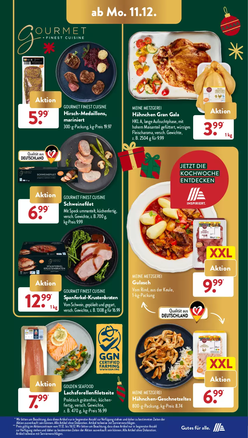 Aktueller Prospekt AldiSud - NÄCHSTE WOCHE - von 11.12 bis 16.12.2023 - strona 7 - produkty: alle artikel ohne dekoration, braten, decke, dekoration, eis, elle, filet, filets, fleisch, forelle, geschnetzeltes, gulasch, Hirsch-Medaillons, krustenbraten, küche, Küchen, lachs, mais, Mantel, medaillons, reis, rel, rind, SANTE, schwein, schweine, schweinefilet, Speck, Ti, tisch, wein, weine, Zelt, ZTE