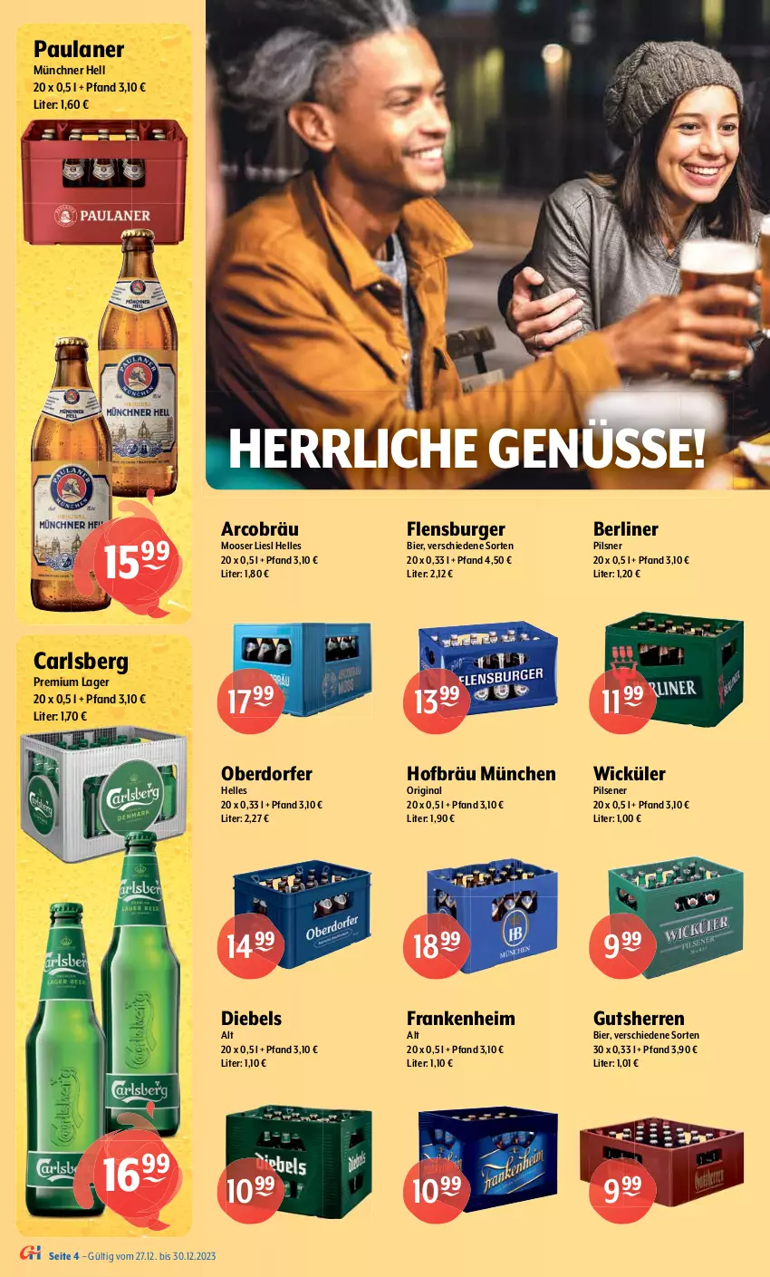 Aktueller Prospekt Getraenke Hoffmann - Prospekte - von 27.12 bis 30.12.2023 - strona 4 - produkty: Altenmünster, Berger, berliner, bier, burger, carlsberg, diebels, eis, elle, erdinger, flensburger, gin, hasseröder, Hefe, könig pilsener, nürnberger, oder radler, Paula, paulaner, pils, pilsener, pilsner, premium pils, radler, Ti, tuc, Tucher, veltins, weissbier, WICK