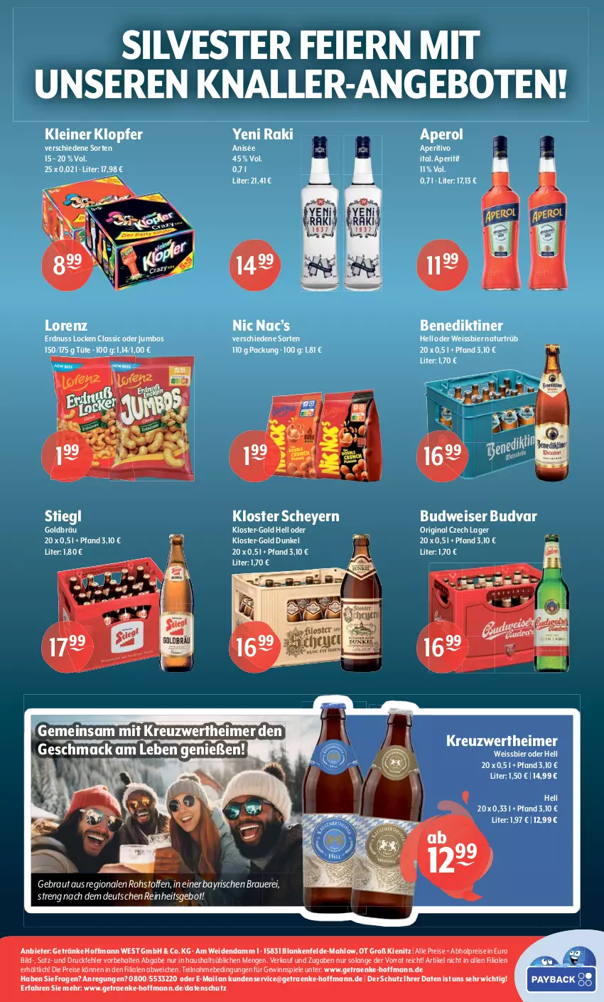 Aktueller Prospekt Getraenke Hoffmann - Prospekte - von 27.12 bis 30.12.2023 - strona 8 - produkty: abholpreise, angebot, angebote, aperitif, aperol, auer, Benediktiner, bier, budweiser, eier, eimer, eis, erdnuss, getränk, getränke, gewinnspiel, gin, jumbo, kleiner klopfer, leine, lorenz, mac, natur, nuss, reis, Spiele, Stiegl, Ti, Tüte, weissbier, yeni raki