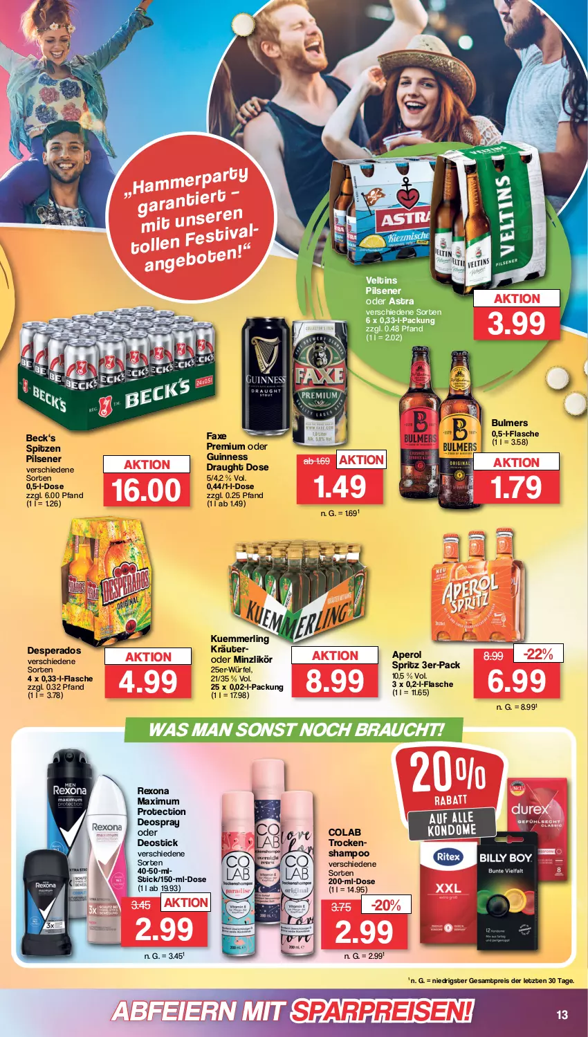 Aktueller Prospekt Famila - Prospekte - von 30.05 bis 03.06.2023 - strona 19 - produkty: aperol, Astra, axe, cola, deo, deospray, Deostick, desperados, eier, eis, flasche, Guinness, Kondome, kräuter, kuemmerling, likör, merl, pils, pilsener, Rauch, reis, rexona, shampoo, Ti, veltins, veltins pilsener, würfel, ZTE