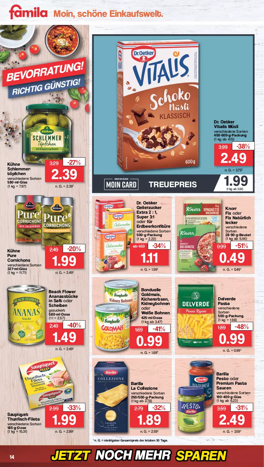 Aktueller Prospekt Famila - Prospekte - von 30.05 bis 03.06.2023 - strona 20 - produkty: ananas, Ananasstücke, barilla, beutel, bohne, bohnen, bonduelle, bonduelle goldmais, Dr. Oetker, eis, elle, erbsen, erde, filet, filets, fisch, gelierzucker, Goldmais, kichererbsen, kidney, knorr, knorr fix, konfitüre, Kühne, mais, müsli, pasta, Pasta Sauce, pesto, reis, saft, sauce, saucen, saupiquet, thunfisch, Ti, Töpfchen, vita, vitalis, vitalis müsli, Weiße Bohnen, ZTE, zucker