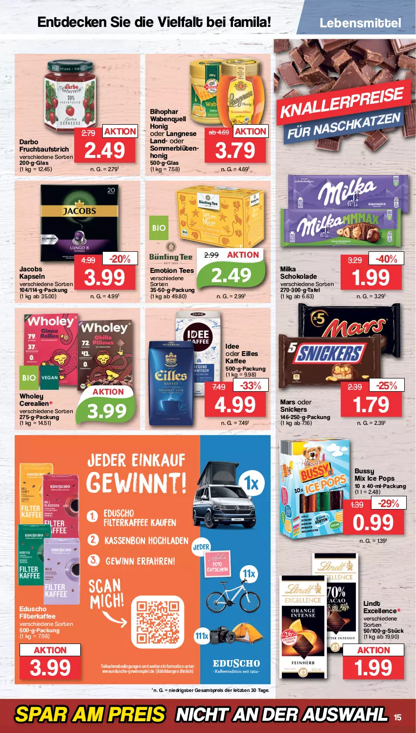 Aktueller Prospekt Famila - Prospekte - von 30.05 bis 03.06.2023 - strona 21 - produkty: aufstrich, bihophar, Blüte, blütenhonig, cerealien, darbo, decke, eduscho, eis, elle, filterkaffee, frucht, fruchtaufstrich, gewinnspiel, gutschein, honig, jacobs, kaffee, langnese, lebensmittel, lindt, mars, milka, milka schokolade, reis, schoko, schokolade, snickers, tee, Ti, ZTE