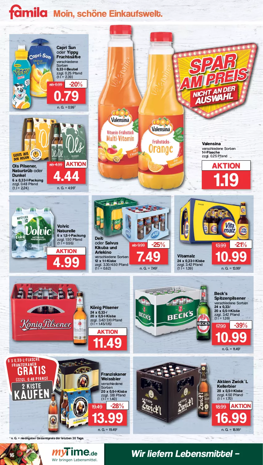 Aktueller Prospekt Famila - Prospekte - von 30.05 bis 03.06.2023 - strona 22 - produkty: beutel, bier, Cap, deit, eis, elle, flasche, franziskaner, frucht, fruchtsäfte, kellerbier, könig pilsener, lebensmittel, malz, natur, pils, pilsener, reis, rel, säfte, Ti, valensina, vita, vitamalz, volvic, weissbier, WICK, ZTE