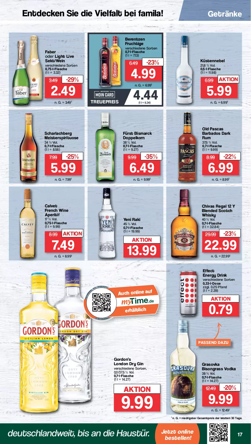 Aktueller Prospekt Famila - Prospekte - von 30.05 bis 03.06.2023 - strona 23 - produkty: aperitif, arla, aust, Bad, berentzen, bismarck, blended scotch, blended scotch whisky, decke, doppelkorn, drink, dry gin, Effect, eis, elle, energy drink, flasche, frucht, getränk, getränke, gin, gordon, Gordon’s, korn, london dry, london dry gin, Meister, regal, reis, rum, scotch, scotch whisky, sekt, Ti, vodka, wein, whisky, yeni raki, ZTE