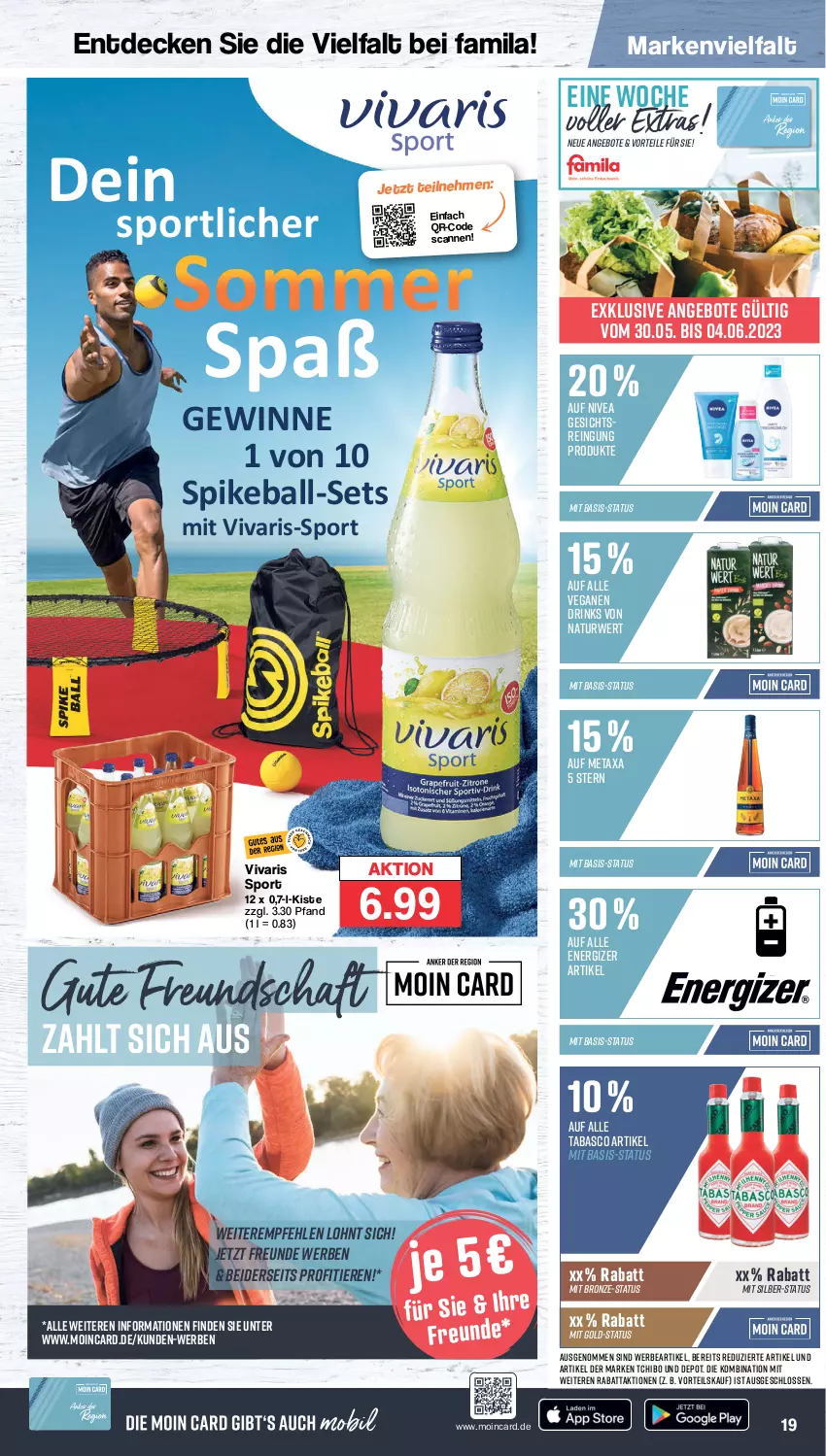 Aktueller Prospekt Famila - Prospekte - von 30.05 bis 03.06.2023 - strona 25 - produkty: angebot, angebote, ball, decke, drink, drinks, energizer, Metaxa, natur, nivea, rwe, Sport, tabasco, Tchibo, Ti, Tiere, Vivaris