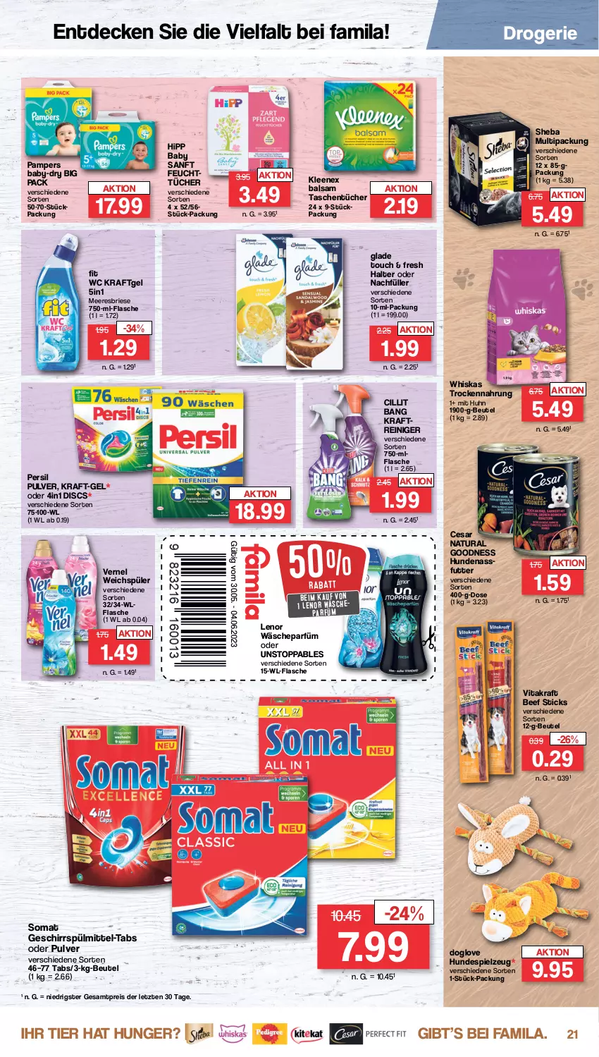 Aktueller Prospekt Famila - Prospekte - von 30.05 bis 03.06.2023 - strona 27 - produkty: baby-dry, balsam, beef, beutel, brie, Cillit, cillit bang, decke, eis, flasche, geschirr, geschirrspülmittel, Glade, hipp, kraft, lenor, nassfutter, natur, natura, pampers, persil, reiniger, reis, sheba, somat, spielzeug, spülmittel, Tasche, taschen, taschentücher, Ti, Trockennahrung, tücher, vernel, vita, vitakraft, wäscheparfüm, weichspüler, whiskas, ZTE