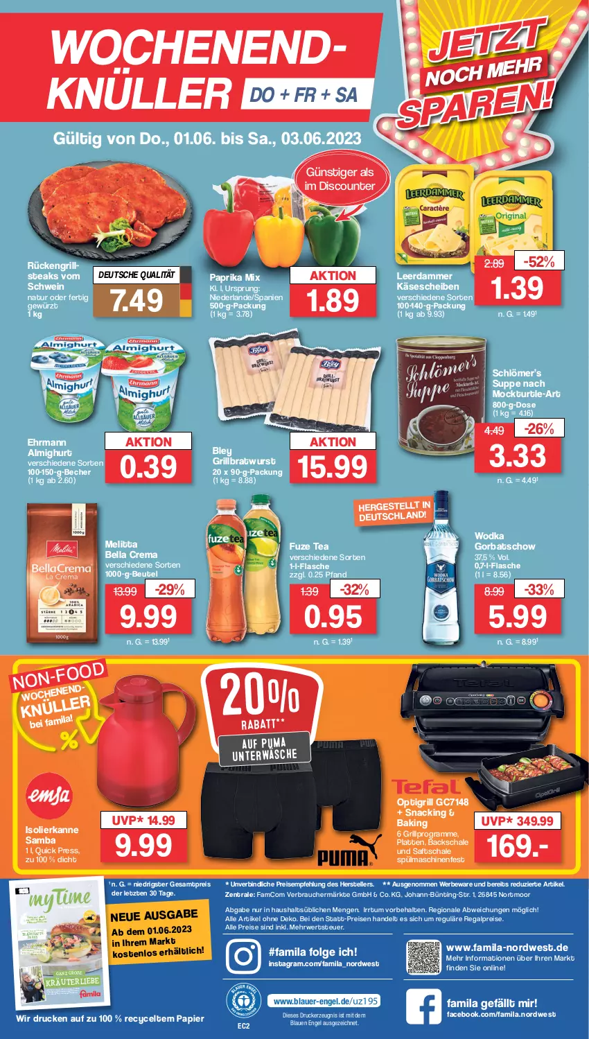 Aktueller Prospekt Famila - Prospekte - von 30.05 bis 03.06.2023 - strona 34 - produkty: almighur, almighurt, auer, Becher, bella crema, beutel, bley, bratwurst, discount, drucker, ehrmann, ehrmann almighurt, eis, elle, Engel, flasche, fuze tea, gewürz, Gorbatschow, grill, grillbratwurst, isolierkanne, Käse, käsescheiben, kerze, kräuter, küche, latte, leerdammer, LG, magazin, melitta, natur, ndk, nuss, papier, paprika, paprika mix, puma, Rauch, regal, reis, rwe, saft, Schal, Schale, schwein, snack, spülmaschinen, steak, steaks, suppe, teller, Ti, tisch, Unterwäsche, wein, wodka, wurst, ZTE