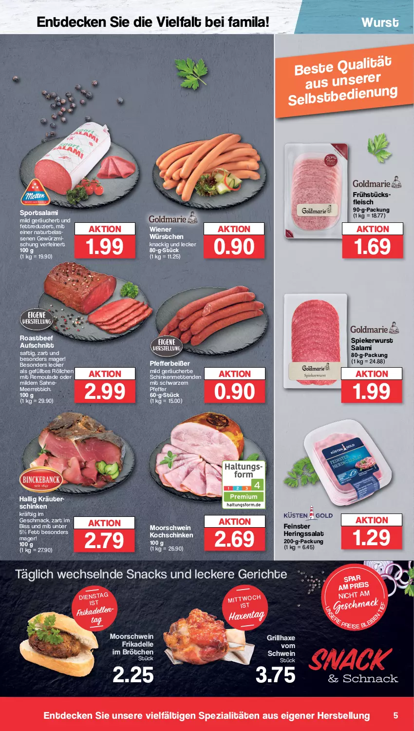 Aktueller Prospekt Famila - Prospekte - von 30.05 bis 03.06.2023 - strona 5 - produkty: aufschnitt, axe, beef, brötchen, decke, dell, eis, elle, fleisch, frikadellen, frühstücksfleisch, gewürz, Gewürzmischung, grill, grillhaxe, Haxe, hering, Herings, kochschinken, kräuter, mac, meerrettich, Mett, metten, Mettenden, natur, pfeffer, Pfefferbeißer, reis, remoulade, Rettich, ring, roastbeef, saft, sahne, salami, salat, schinken, schwein, snack, snacks, Spezi, Sport, Ti, wein, wiener, wiener würstchen, wurst, würstchen