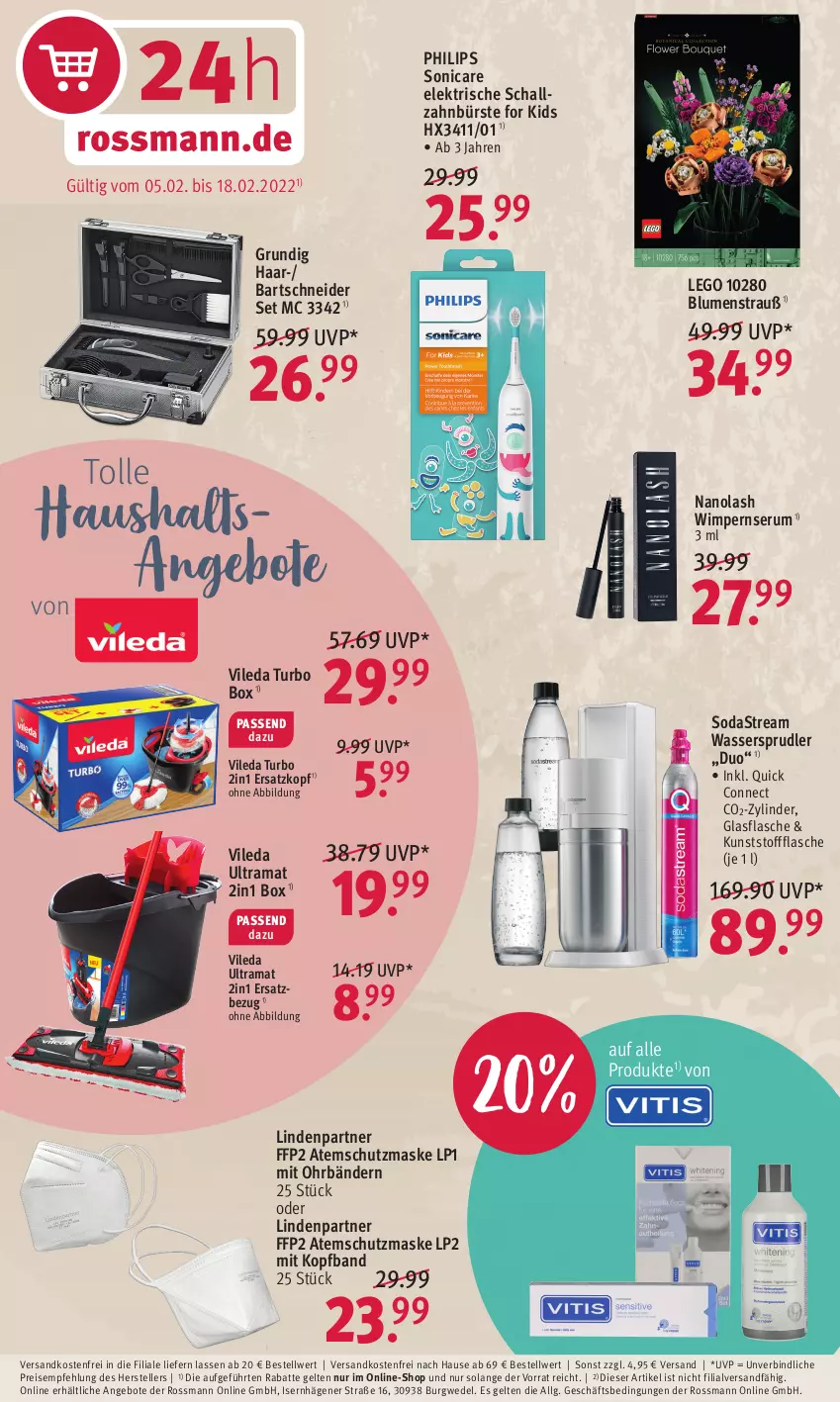 Aktueller Prospekt Rossmann - Prospekte - von 05.02 bis 18.02.2022 - strona 3 - produkty: angebot, angebote, Atemschutzmaske, bartschneider, blume, blumen, Blumenstrauß, bürste, eis, elle, FFP2, flasche, glasflasche, grundig, LG, Maske, ndk, Philips, rama, reis, rum, Schal, Serum, Soda, sodastream, sonicare, teller, Ti, versandkostenfrei, vileda, wasser, wassersprudler, wedel, zahnbürste