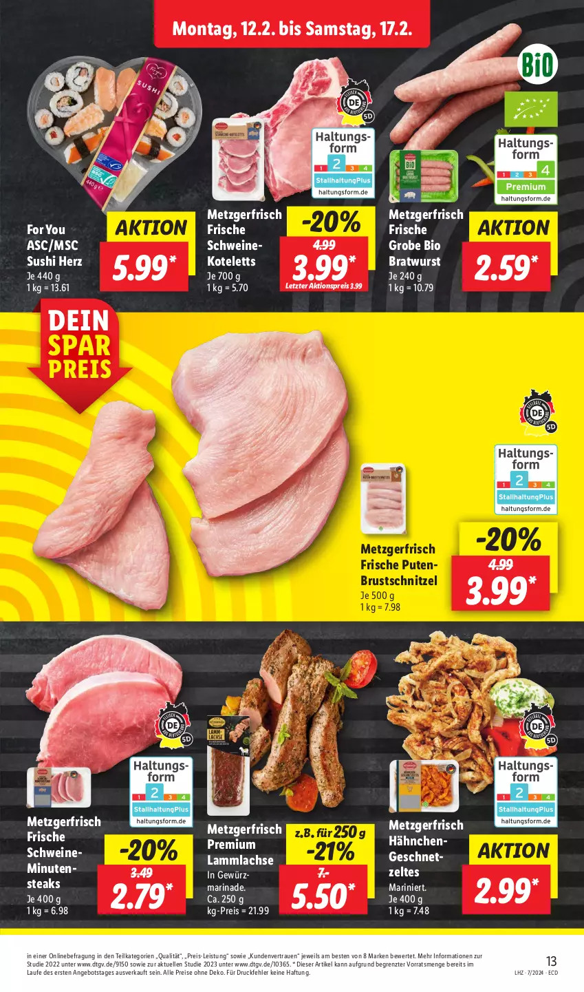 Aktueller Prospekt Lidl - Aktionsprospekt - von 12.02 bis 17.02.2024 - strona 17 - produkty: aktionspreis, angebot, bio, bratwurst, eis, elle, geschnetzeltes, gewürz, Hähnchengeschnetzeltes, kotelett, lachs, lamm, lammlachse, marinade, minutensteaks, pute, putenbrust, reis, schnitzel, schwein, schweine, schweinekotelett, steak, steaks, Sushi, Ti, wein, weine, wurst, Yo, Zelt, ZTE