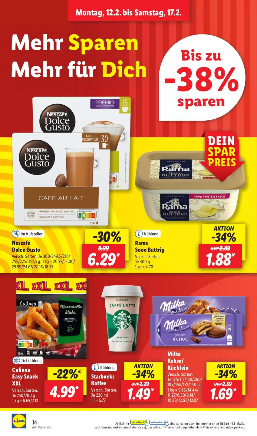 Aktueller Prospekt Lidl - Aktionsprospekt - von 12.02 bis 17.02.2024 - strona 20 - produkty: dolce gusto, eis, elle, kaffee, keks, kekse, milka, ndk, Nescafé, preisvorteil, rama, reis, Schal, Schale, snack, starbucks, teller, Ti