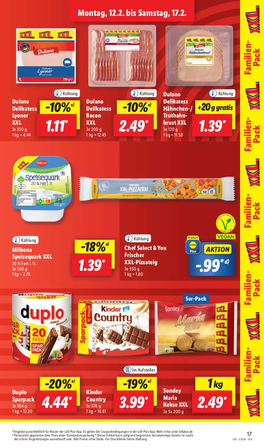 Aktueller Prospekt Lidl - Aktionsprospekt - von 12.02 bis 17.02.2024 - strona 23 - produkty: angebot, bacon, Bona, coupon, dulano, duplo, eis, elle, keks, kekse, Kinder, kinder country, lyoner, Milbona, pizza, Pizzateig, preisvorteil, quark, reis, Ria, Sondey, speisequark, teller, Ti, truthahn, Yo, ZTE