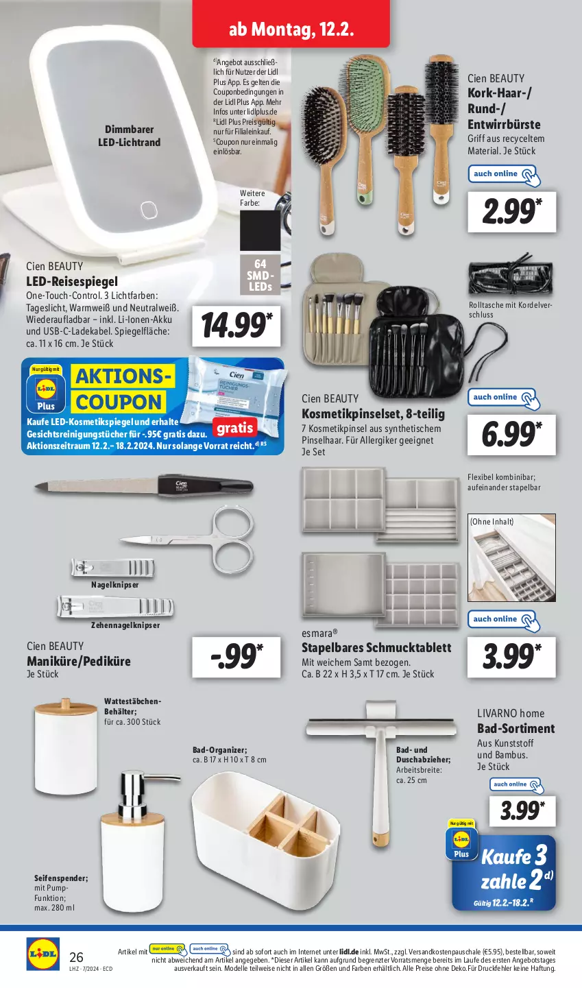 Aktueller Prospekt Lidl - Aktionsprospekt - von 12.02 bis 17.02.2024 - strona 32 - produkty: akku, angebot, Bad, bambus, Behälter, Brei, bürste, Cien, coupon, deka, dell, eis, elle, esmara, kosmetik, Kosmetikspiegel, ladekabel, led-licht, leds, Mode, ndk, Pinsel, Pinselset, Reinigung, reinigungstücher, reis, Ria, Schal, Schale, Schmuck, Seife, seifenspender, spiegel, tablet, tablett, Tasche, Ti, tisch, tücher, usb, Wattestäbchen, ZTE