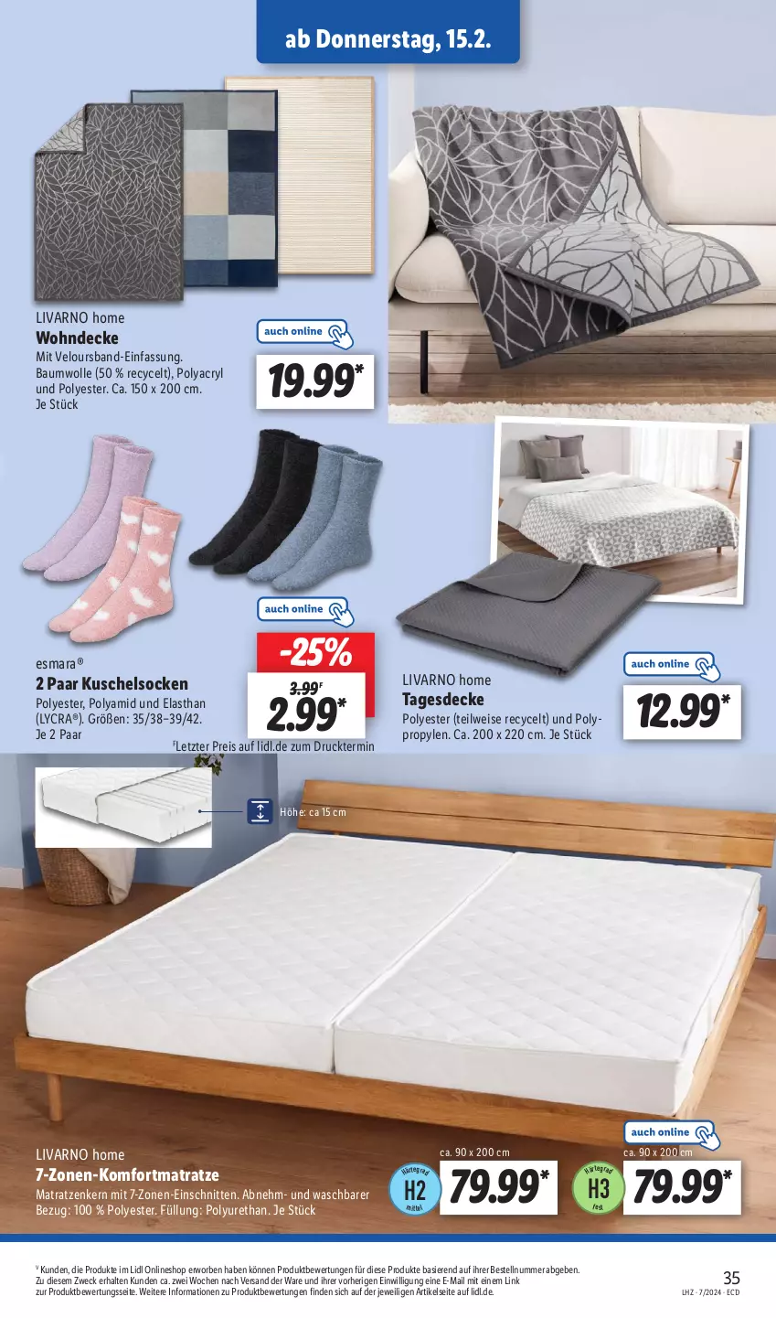 Aktueller Prospekt Lidl - Aktionsprospekt - von 12.02 bis 17.02.2024 - strona 41 - produkty: Bau, baumwolle, decke, eis, esmara, Kuschelsocken, matratze, matratzen, reis, schnitten, socken, tagesdecke, Ti, weck, wolle, ZTE