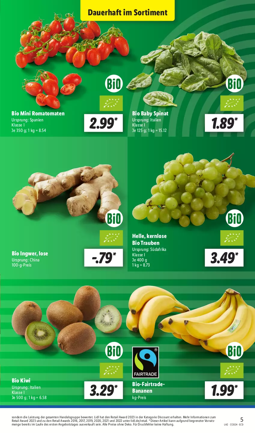 Aktueller Prospekt Lidl - Aktionsprospekt - von 12.02 bis 17.02.2024 - strona 5 - produkty: angebot, auer, banane, bananen, bio, discount, eis, elle, ingwer, kiwi, reis, Romatomaten, spinat, Ti, tomate, tomaten, trauben, ZTE