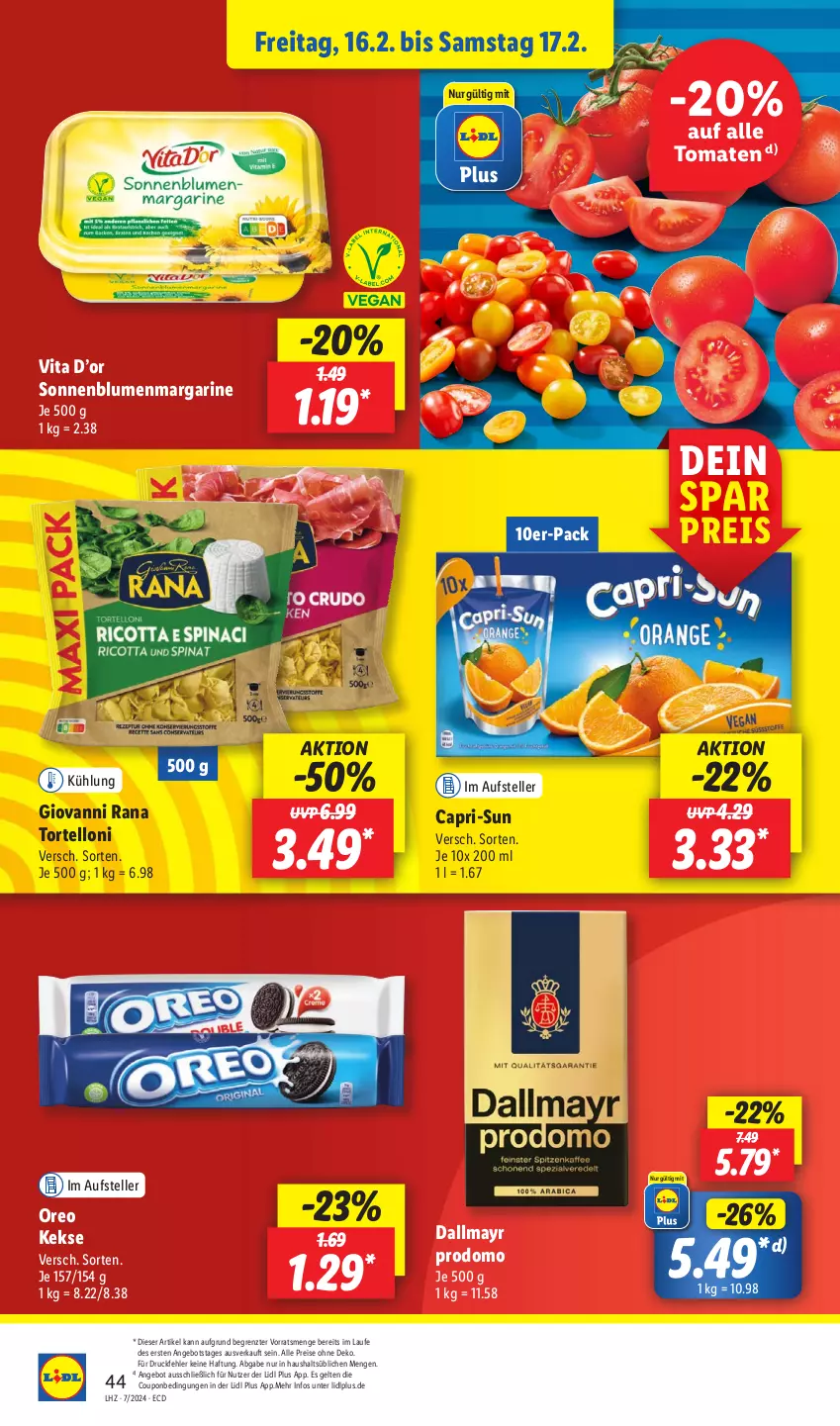 Aktueller Prospekt Lidl - Aktionsprospekt - von 12.02 bis 17.02.2024 - strona 54 - produkty: angebot, blume, blumen, Cap, capri-sun, coupon, dallmayr, dallmayr prodomo, drucker, eis, elle, Engel, giovanni rana, keks, kekse, kerze, margarine, oreo, papier, prodomo, Rana, reis, sonnenblume, sonnenblumen, teller, Ti, tomate, tomaten, torte, tortelloni, vita, ZTE