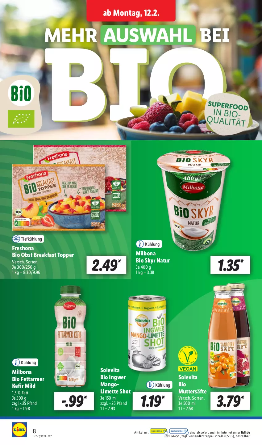 Aktueller Prospekt Lidl - Aktionsprospekt - von 12.02 bis 17.02.2024 - strona 8 - produkty: bio, Bona, ingwer, Kefir, limette, mango, Mett, Milbona, natur, ndk, obst, säfte, Schal, Schale, Skyr, Ti, topper, vita