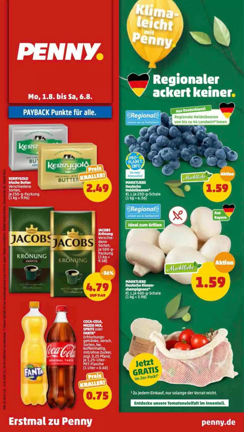 Aktueller Prospekt Penny - Prospekte - von 01.08 bis 06.08.2022 - strona 1 - produkty: beere, beeren, braten, decke, ente, flasche, getränk, getränke, heidelbeere, heidelbeeren, pet-flasche, sprite, tee, Ti, tomate, tomaten, zucker