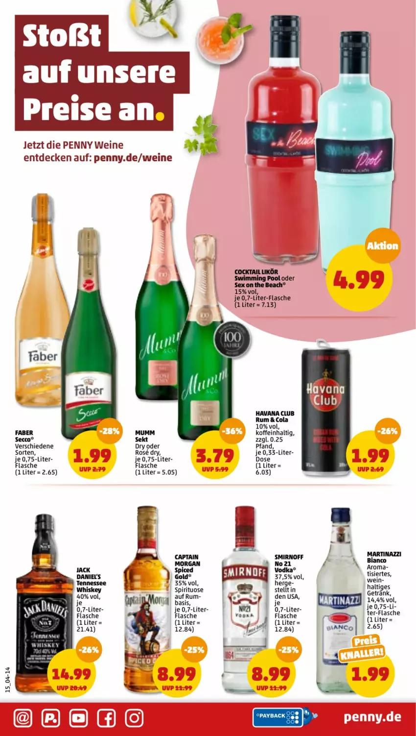 Aktueller Prospekt Penny - Prospekte - von 01.08 bis 06.08.2022 - strona 15 - produkty: Cap, captain morgan, cocktail, cola, decke, ecco, flasche, getränk, Havana Club, likör, mars, mumm, pool, rum, sekt, smirnoff, Ti, wein, weine, whiskey