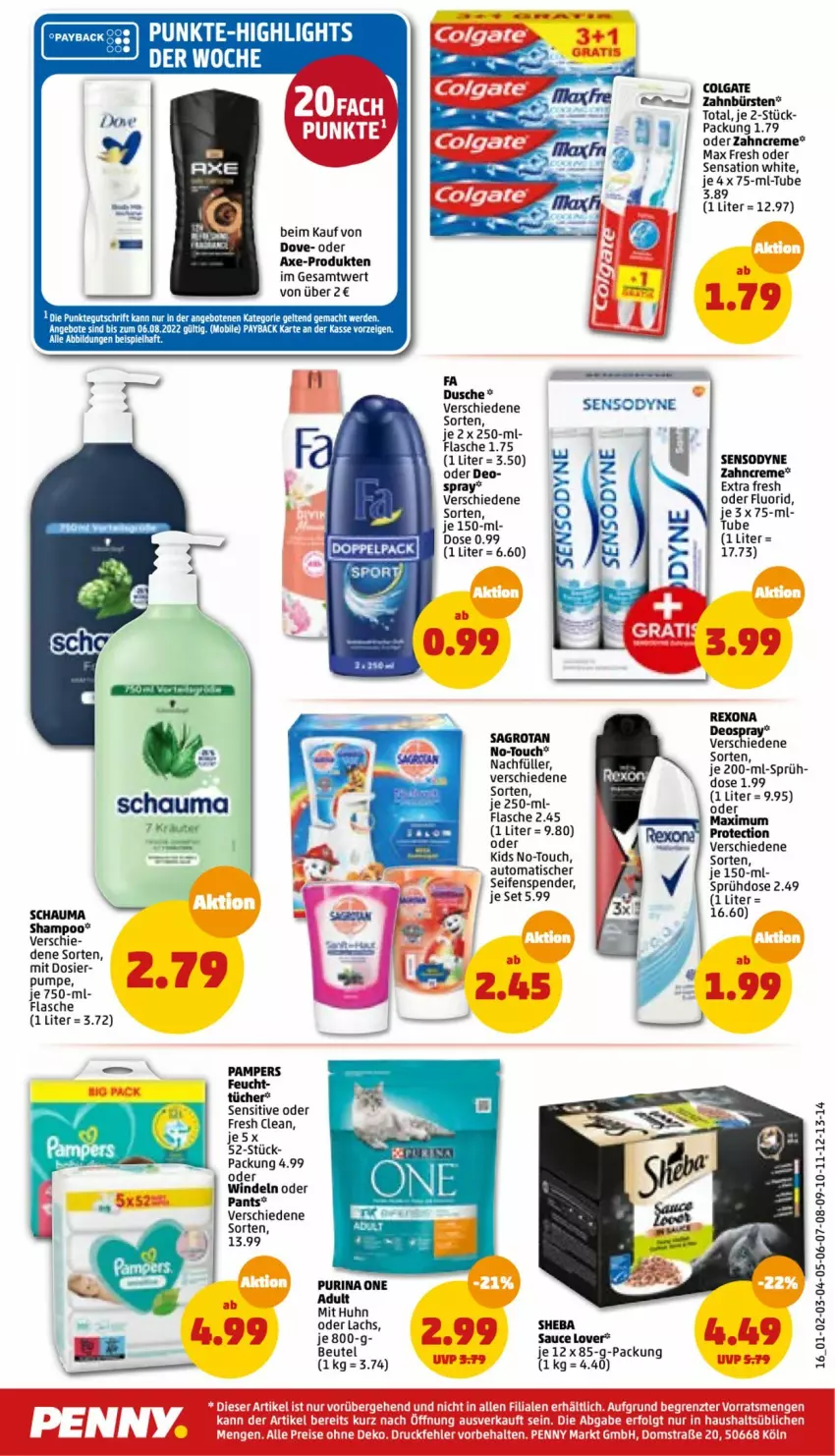 Aktueller Prospekt Penny - Prospekte - von 01.08 bis 06.08.2022 - strona 16 - produkty: auto, axe, beutel, bürste, bürsten, chia, colgate, creme, deo, deospray, dove, dusche, eis, flasche, lachs, LG, Max Fresh, pampers, Pants, purina, rexona, sagrotan, sauce, schauma, schauma shampoo, Seife, seifenspender, sensodyne, shampoo, sheba, Ti, tisch, tücher, windeln, windeln oder pants, zahnbürste, zahnbürsten, zahncreme