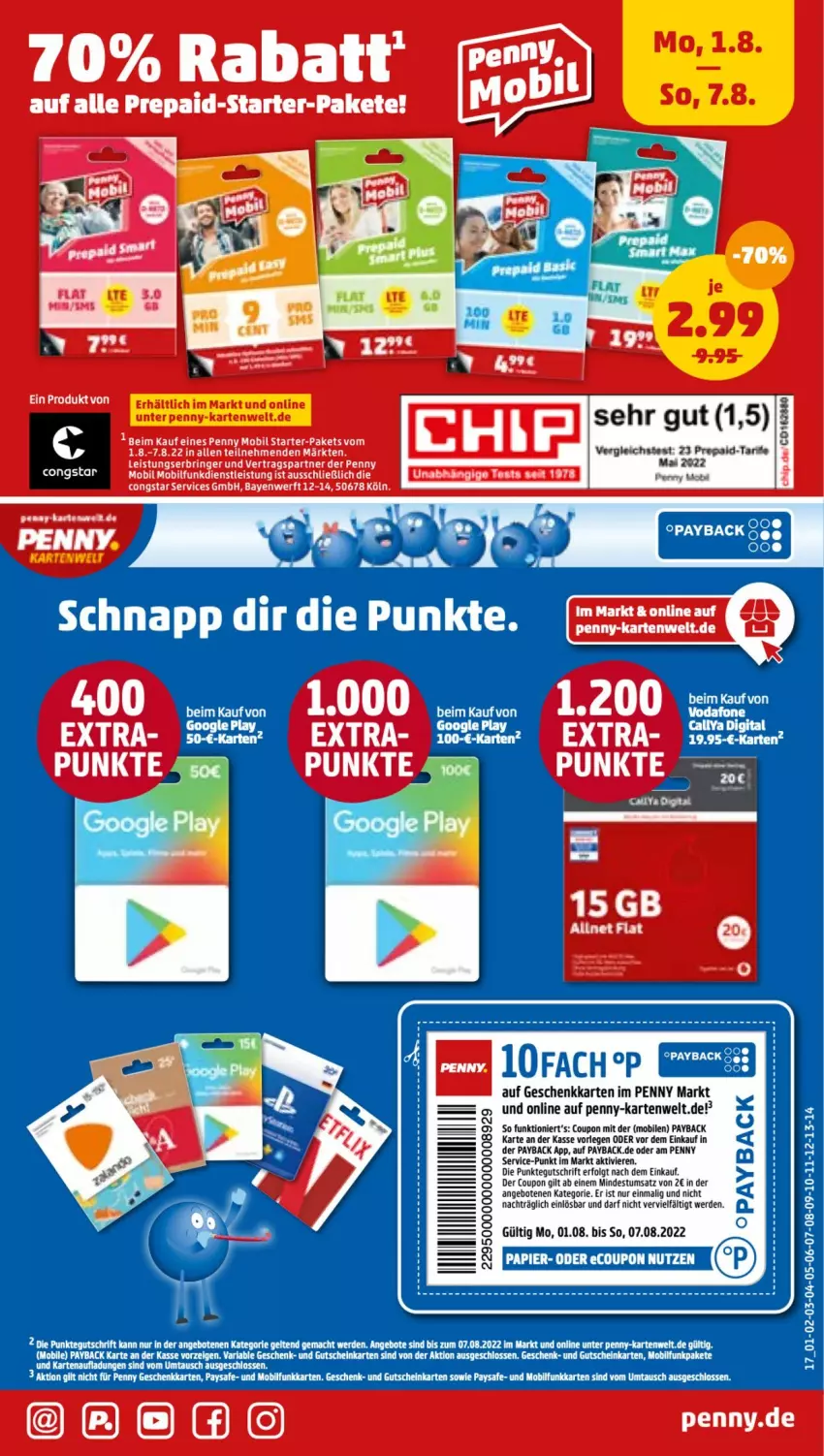 Aktueller Prospekt Penny - Prospekte - von 01.08 bis 06.08.2022 - strona 17 - produkty: angebot, angebote, congstar, coupon, eis, erde, gutschein, LG, mac, payback, Ria, ring, Ti, vodafone