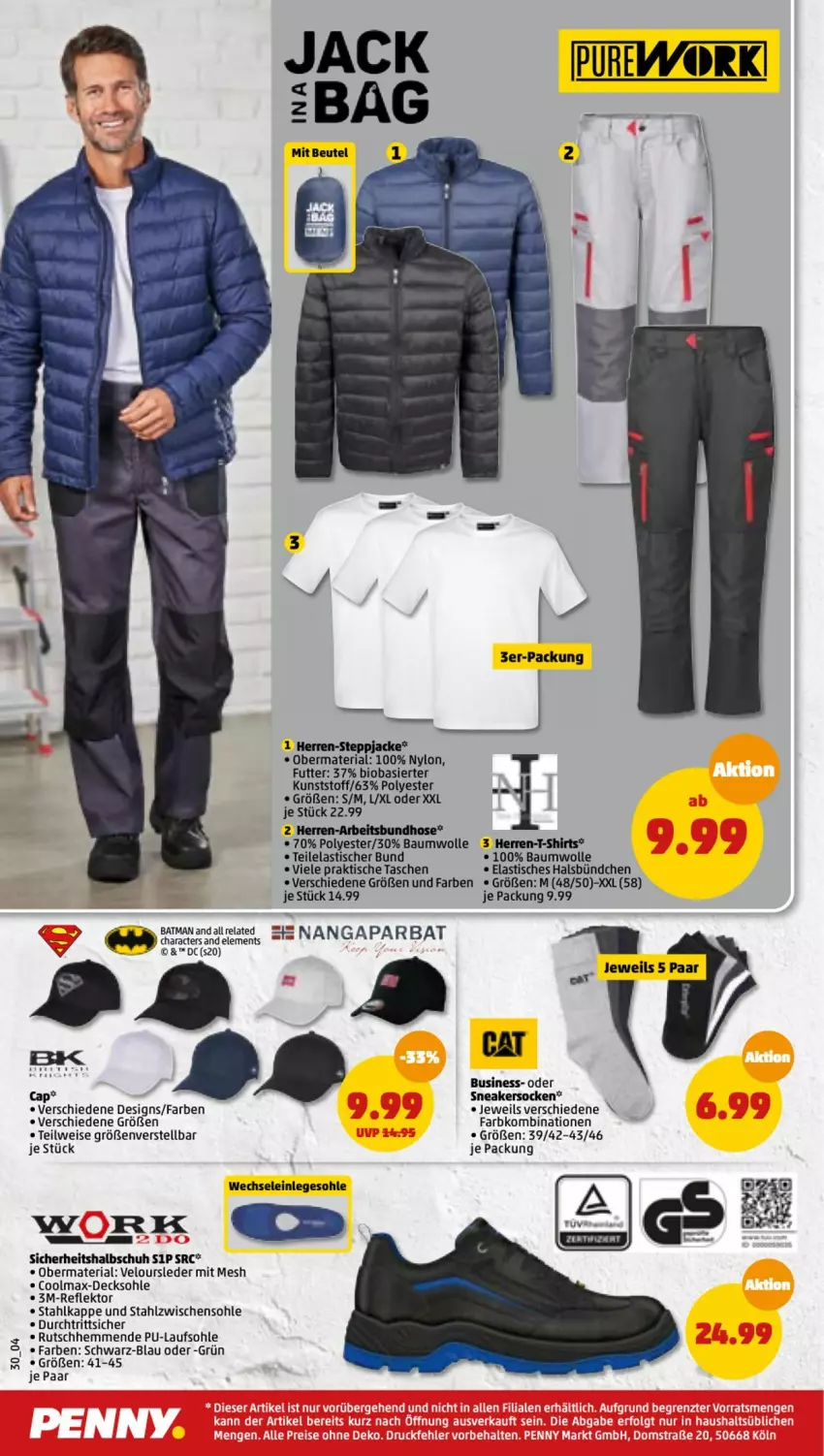 Aktueller Prospekt Penny - Prospekte - von 01.08 bis 06.08.2022 - strona 30 - produkty: asti, Bau, baumwolle, beutel, bio, Cap, decksohle, eis, herren-t-shirt, hose, Jacke, Ria, shirt, shirts, sneaker, sneakersocken, socken, Steppjacke, T-Shirt, Tasche, taschen, Ti, tisch, wolle