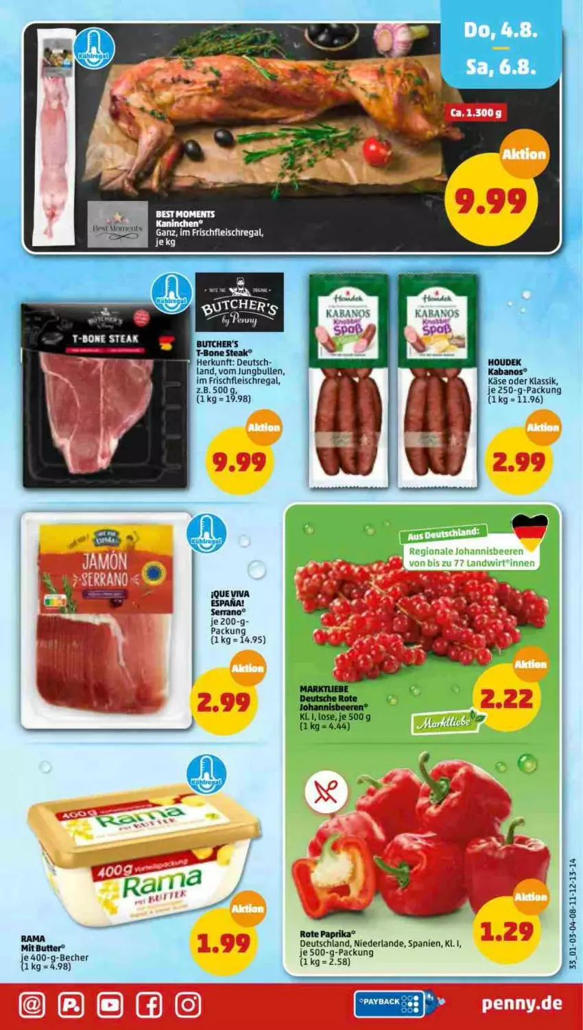 Aktueller Prospekt Penny - Prospekte - von 01.08 bis 06.08.2022 - strona 33 - produkty: beere, beeren, eis, fleisch, je 250-g-packung, johannisbeere, Johannisbeeren, kabanos, Käse, paprika, rama, regal