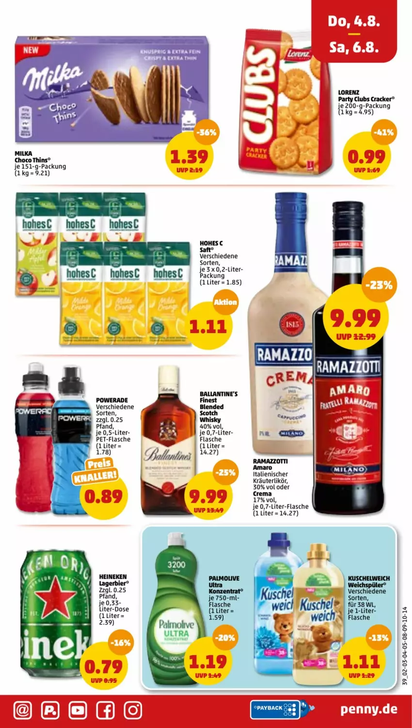 Aktueller Prospekt Penny - Prospekte - von 01.08 bis 06.08.2022 - strona 39 - produkty: amaro, ball, bier, cracker, flasche, heineken, Hohes C, kräuter, kräuterlikör, Lagerbier, likör, lorenz, milka, olive, palmolive, pet-flasche, rama, ramazzott, ramazzotti, saft, scotch, tee, Ti, whisky, zott