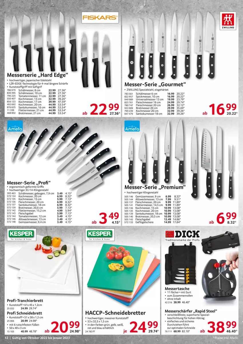 Aktueller Prospekt Selgros - Gastrokatalog - von 01.10.2022 bis 31.01.2023 - strona 12 - produkty: ACC, brot, edelstahl, eis, filet, fleisch, gabel, Geflügel, messer, Schere, schneidebrett, Spezi, Tasche, tee, Ti, tomate, tomaten, Tranchierbrett, weck