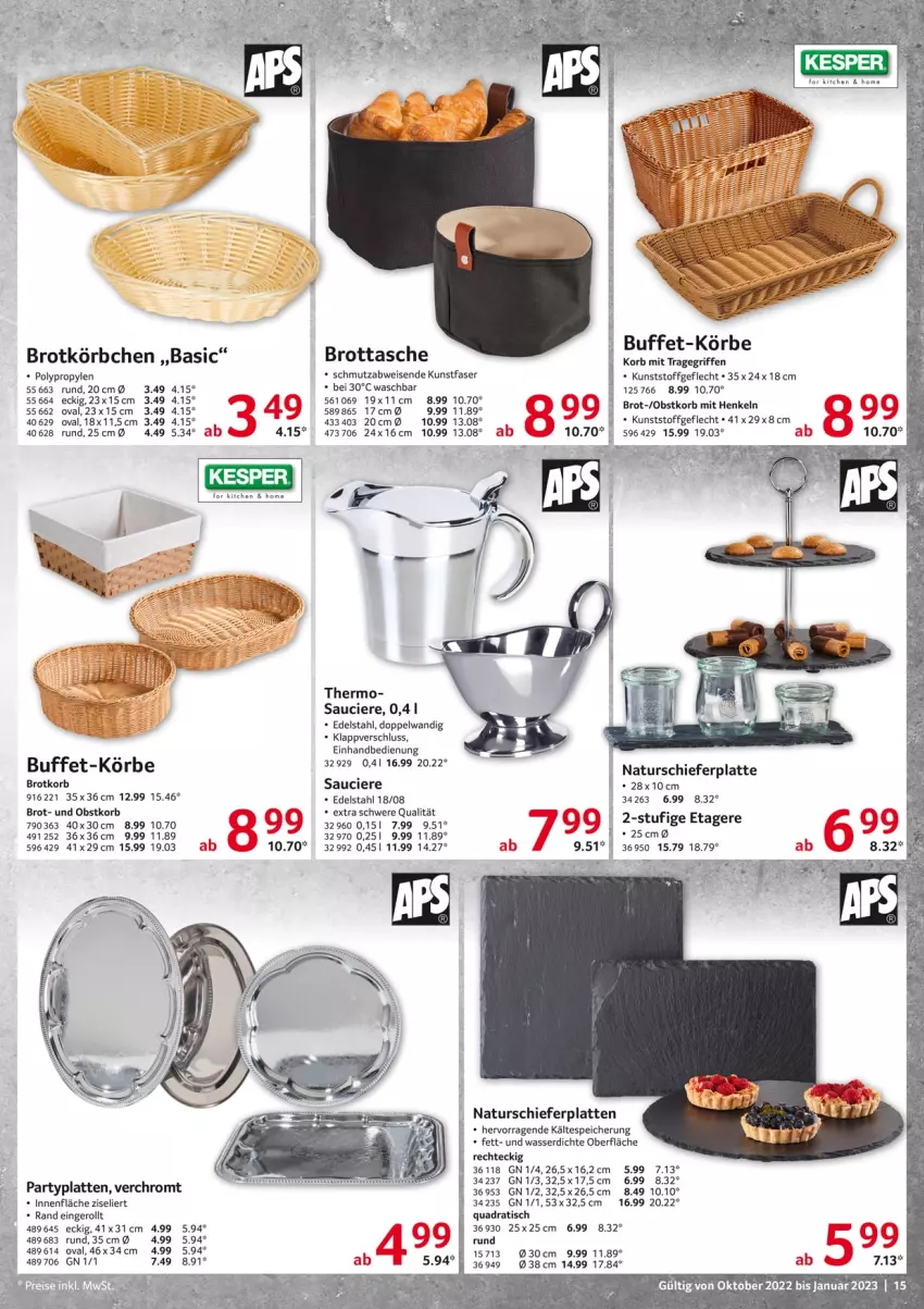 Aktueller Prospekt Selgros - Gastrokatalog - von 01.10.2022 bis 31.01.2023 - strona 15 - produkty: brot, Brotkorb, edelstahl, eis, Etagere, henkel, korb, Körbchen, kunststoffgeflecht, latte, LG, natur, obst, quad, Tasche, Ti, tisch, tragegriff, wasser