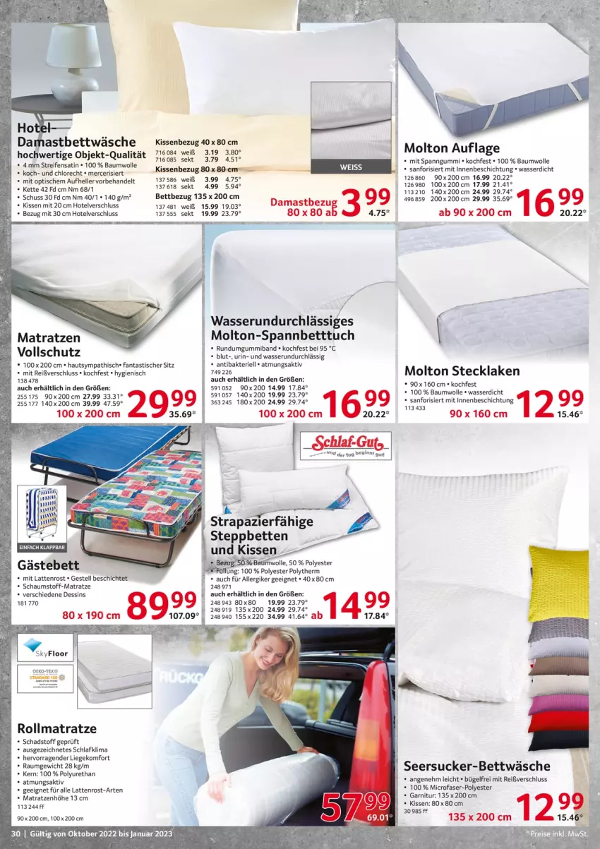 Aktueller Prospekt Selgros - Gastrokatalog - von 01.10.2022 bis 31.01.2023 - strona 30 - produkty: asti, Bau, baumwolle, bett, Betten, Betttuch, bettwäsche, bügel, elle, fanta, garnitur, gin, Kette, kissen, Kissenbezug, latte, lattenrost, Liege, matratze, matratzen, molto, Rana, reifen, rollmatratze, seersucker, Seersucker-Bettwäsche, sekt, spannbetttuch, steppbett, Ti, tisch, tuc, wasser, wolle