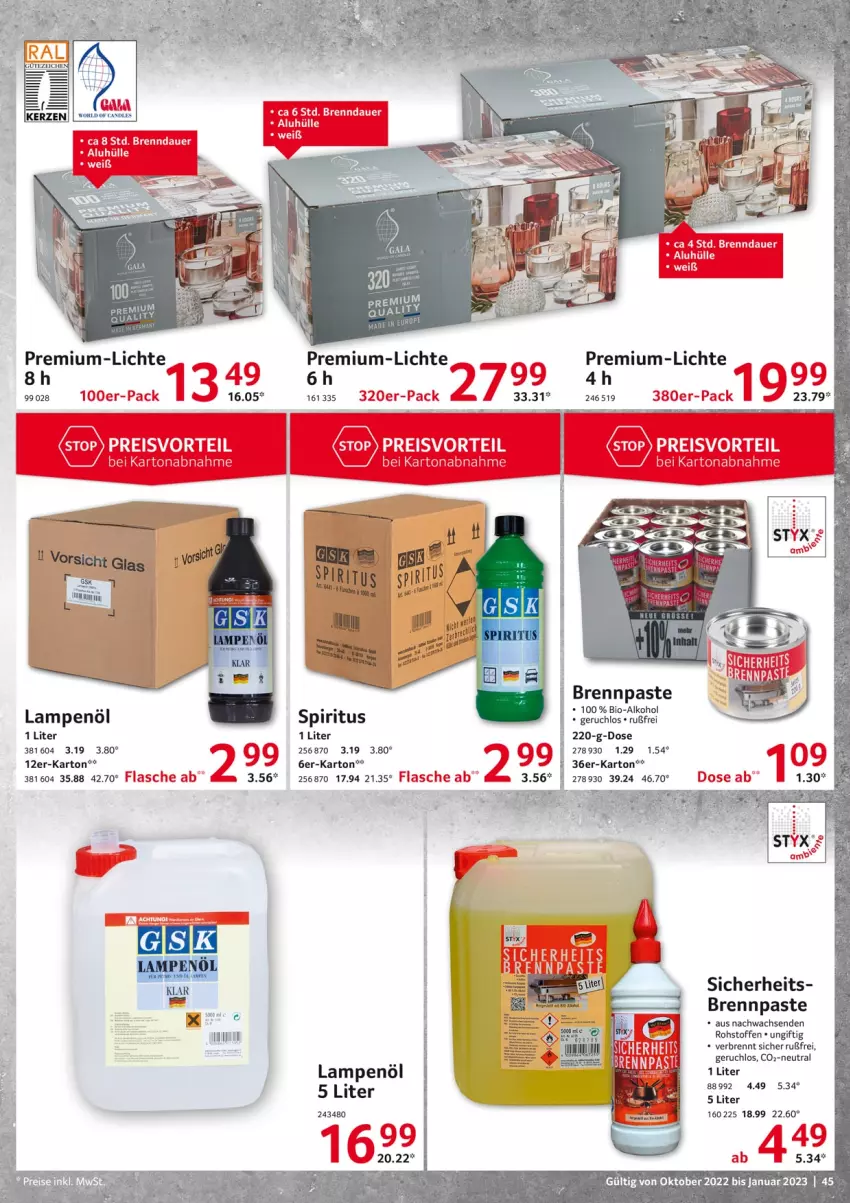 Aktueller Prospekt Selgros - Gastrokatalog - von 01.10.2022 bis 31.01.2023 - strona 45 - produkty: alkohol, auer, Bau, bio, Brennpaste, flasche, Lampe, spiritus, tee, Ti, Tiere