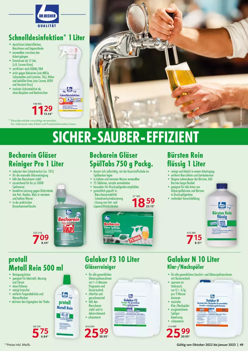 Aktueller Prospekt Selgros - Gastrokatalog - von 01.10.2022 bis 31.01.2023 - strona 49 - produkty: ACC, auer, bier, bio, biozidprodukte, bürste, bürsten, cin, corona, Desinfektion, edelstahl, eis, elle, flasche, geschirr, getränk, getränke, Gläser, Hefe, LG, Lippenstift, Lotion, malz, Rauch, reiniger, Reinigung, reis, rwe, Schal, Schale, schauma, Spülen, spülmaschinen, tablet, tablett, Tablette, Ti, tisch, tomate, tomaten, wasser